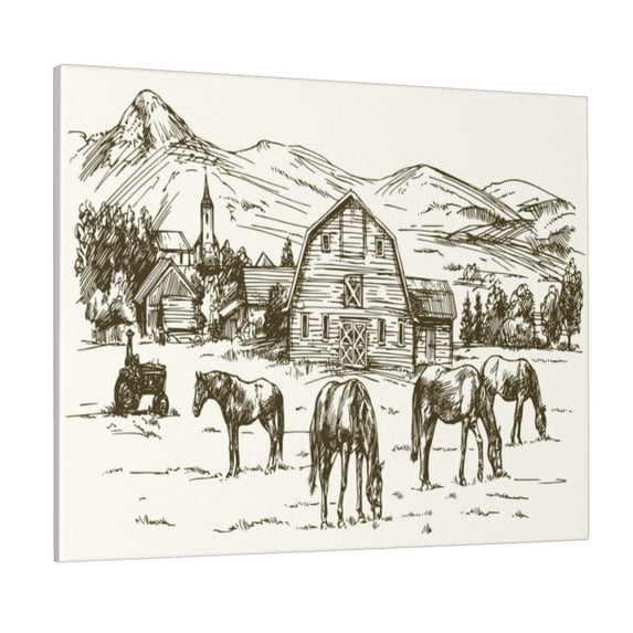 Picia Horses Grazing On Meadow Pattern Decorative Picture – Unique Wall Art, Modern Canvas Print for Trendy Interiors (Horizontal)