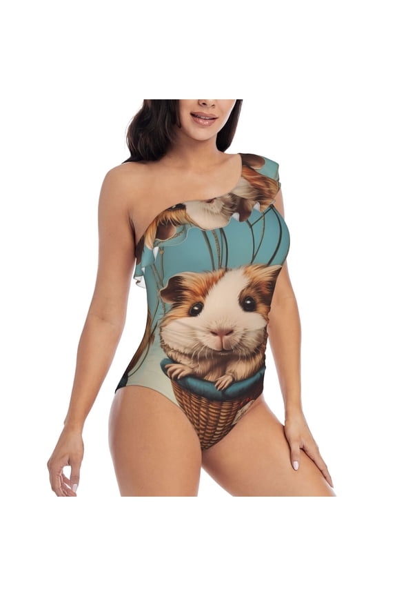 Hot Air Balloon Guinea Pig Pattern Women's One Piece Swimsuits,One Shoulder Swimwear Asymmetric ,Ruffle Monokinis Bathing Suits,High Waisted Flattering Bathing Suits-XX-Large