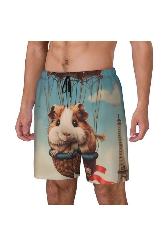Hot Air Balloon Guinea Pig pattern Mens Swim Trunks with Compression Liner Stretch Beach Shorts Quick Dry with Zipper Pockets No-Chafing Board Shorts-Small