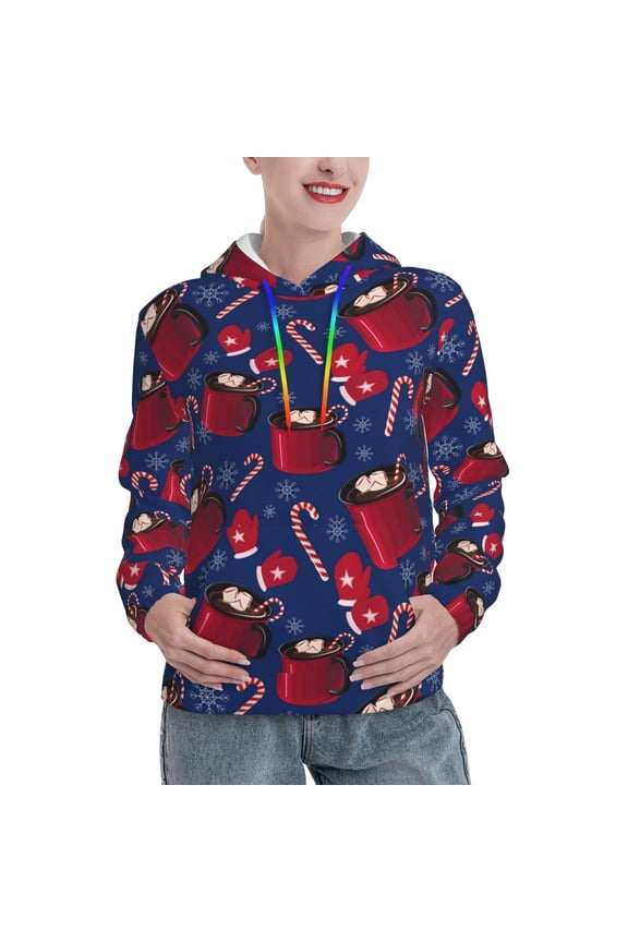Hot Cocoa Snowflake Mittens Pattern Casual Women's Hoodie, Hooded Sweatshirt with Kangaroo Pocket, Comfortable Pullover with Eye-catching Drawstrings-