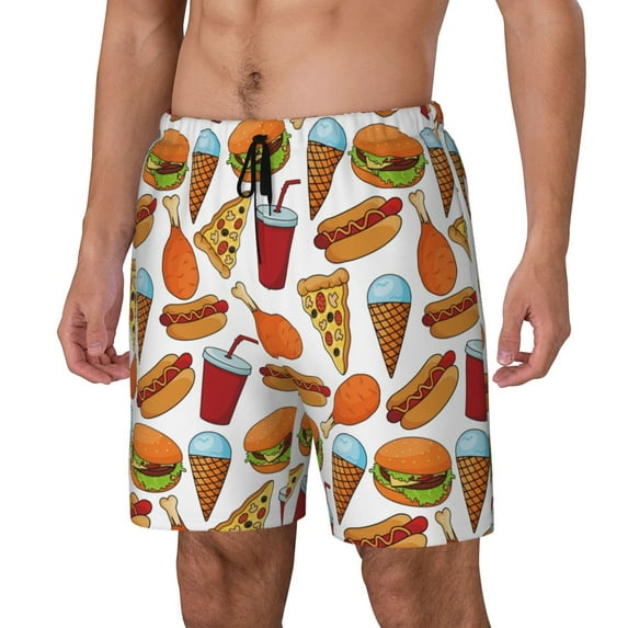 Picia Hot Dog Burger pattern Mens Swim Trunks with Compression Liner Stretch Beach Shorts Quick Dry with Zipper Pockets No-Chafing Board Shorts-X-Large