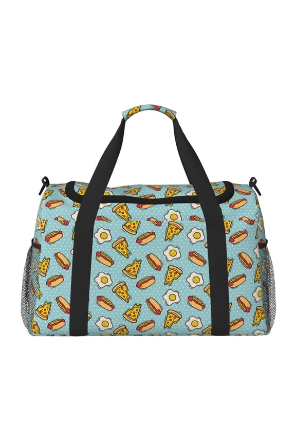 Hot Dog Pizza Print Travel Duffle Bag,Weekender Bags for Women with Shoe Compartment, Gym Duffel Bag with Wet Pocket, Hospital Bags for Labor and Delivery