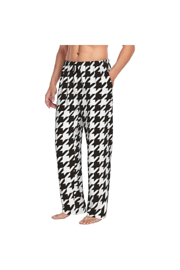 Houndstooth Black And White Mens Soft Woven Cotton Elastic Waistband Sleep Pajama Pant Lounge Sleep Pant With Pockets And Drawstring-Large