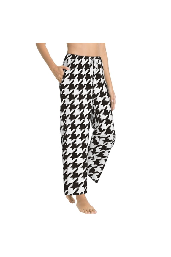 Houndstooth Black And White Womens Soft Woven Cotton Elastic Waistband Sleep Pajama Pant Lounge Sleep Pant With Pockets And Drawstring-Medium