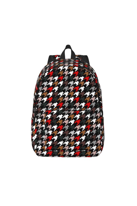 Houndstooth Green Red Printed Canvas Daypack - Stylish and Durable Vintage Compact Backpack - Class, Work, Travel, or Laptop Bookbag,Organized Compartments-Small
