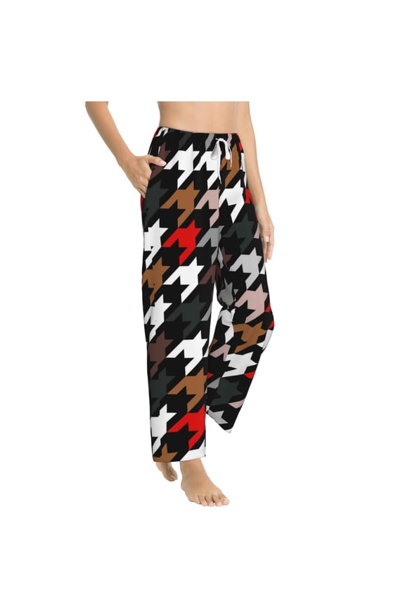 Houndstooth Green Red Womens Soft Woven Cotton Elastic Waistband Sleep Pajama Pant Lounge Sleep Pant With Pockets And Drawstring-Small