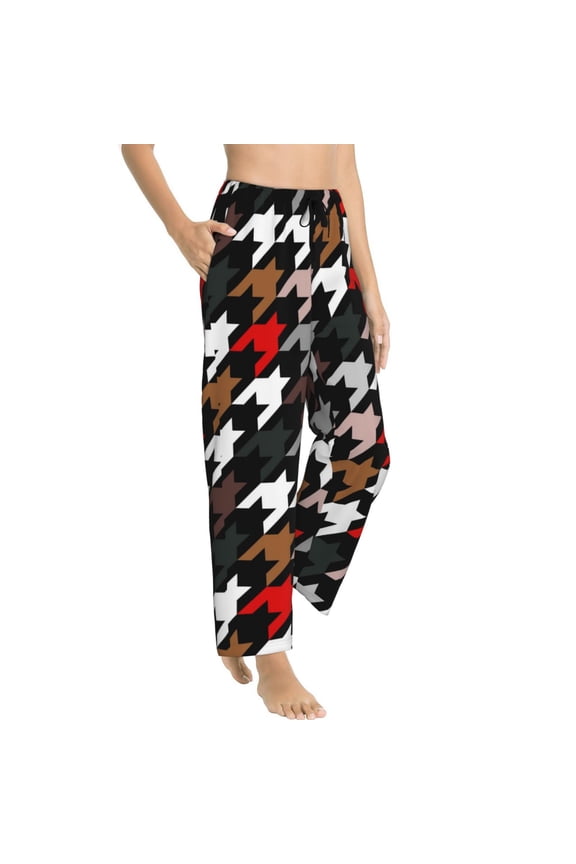 Houndstooth Green Red Womens Soft Woven Cotton Elastic Waistband Sleep Pajama Pant Lounge Sleep Pant With Pockets And Drawstring-