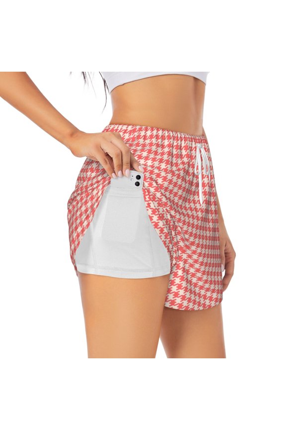 Houndstooth With Red And White Pattern Women's 2 in 1 Athletic Running Shorts High Waisted Workout Casual Gym Sweat Shorts with Comfy Liner Zipper Pockets-X-Large