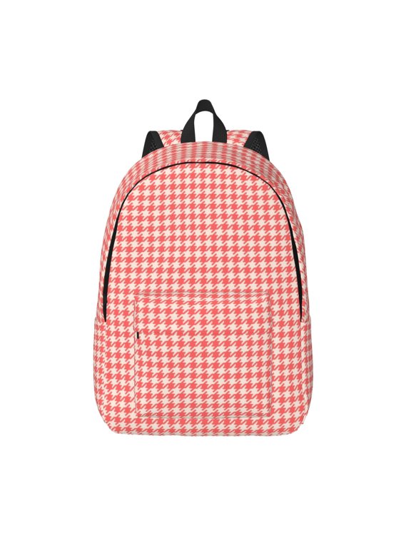 Houndstooth With Red And White Printed Canvas Daypack - Stylish and Durable Vintage Compact Backpack - Class, Work, Travel, or Laptop Bookbag,Organized Compartments-Medium