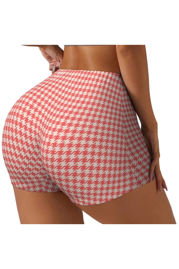 Houndstooth With Red And White Printed Workout Shorts for Women Seamless Scrunch Butt Lifting High Waisted Yoga Gym Booty Running Moisture-wicking Short Pants-X-Large