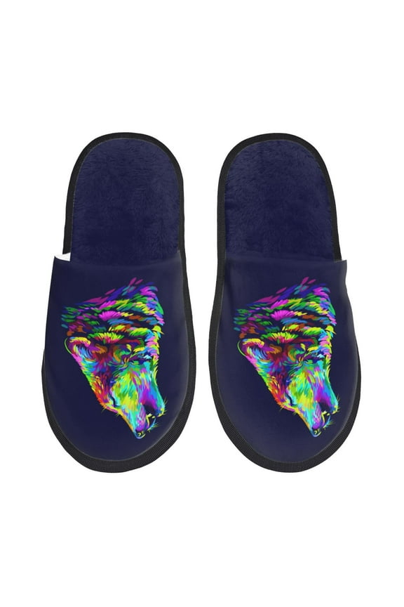 Howling Wolf Print Women's Fuzzy Fluffy House Slippers Plush Memory Foam Shoes Indoor Outdoor-Large