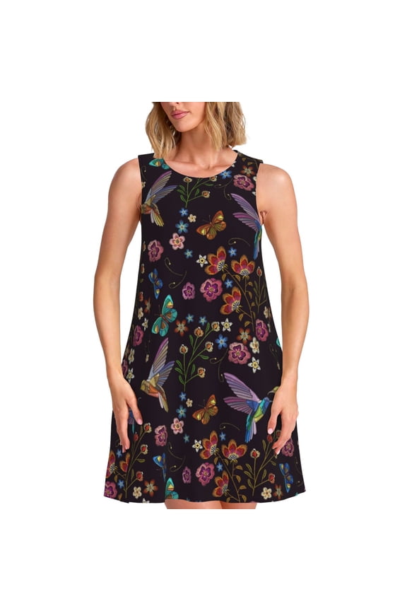 Humming Bird And Tropical Flowers Print Women’s Sleeveless Midi Swing Dress – A-Line Pleated Tank Sundress, Comfortable and Flowy T-Shirt Dress