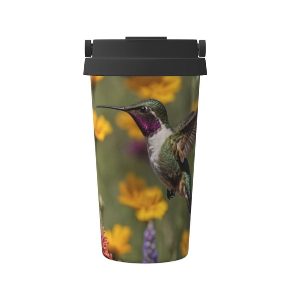 Picia Humming Bird Pattern 500ml Carry Insulated Coffee Mug, Stainless Steel Travel Mug with Hidden Handle, Leak-Proof for Car, Office, Home, and Outdoor Use