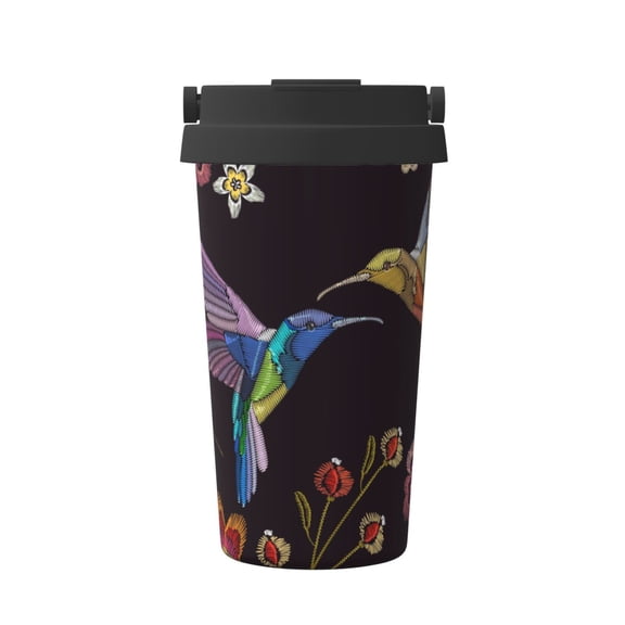 Picia Humming Bird Pattern 500ml Carry Insulated Coffee Mug, Stainless Steel Travel Mug with Hidden Handle, Leak-Proof for Car, Office, Home, and Outdoor Use