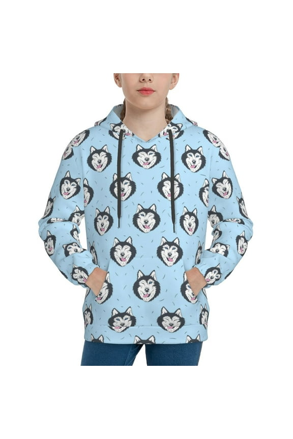 Husky Head Pattern Youth Hoodie - Warm Pullover Sweatshirt with Kangaroo Pocket, Ideal for Boys and Girls-X-Large