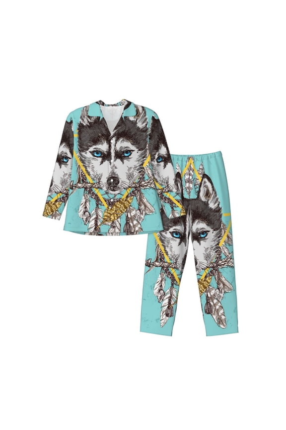 Husky With Dreamcatcher Pattern Men’s Long-Sleeve Sleepwear Set - Soft 2-Piece Loungewear with Pockets, Comfy PJs for Relaxing Nights-Large