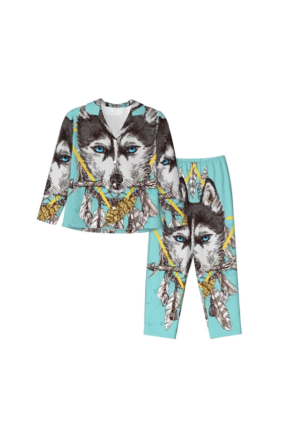 Husky With Dreamcatcher Pattern Women’s Long-Sleeve Sleepwear Set - Soft 2-Piece Loungewear with Pockets, Comfy PJs for Relaxing Nights-XX-Large