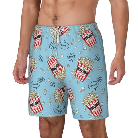 Picia I Am A Fan Popcorn pattern Mens Swim Trunks with Compression Liner Stretch Beach Shorts Quick Dry with Zipper Pockets No-Chafing Board Shorts-Large