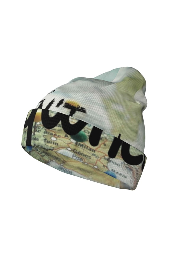 I Haven't Been Everywhere But Its On My List Pattern Knitted Beanie Hat for Men and Women , Unisex Winter Warm Stretchy Knit Cap Thick Fisherman Beanies Cuffed Plain Skull Caps