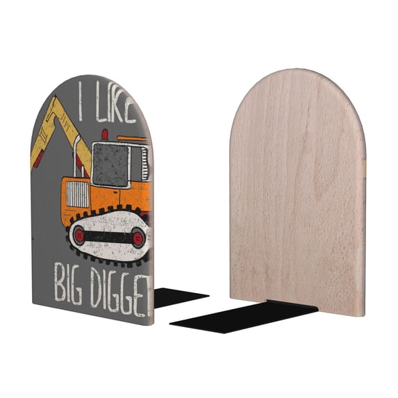 Picia I Like Big Digger Pattern Wood Bookends for Shelves,Non-slip Bookends, Heavy Duty Wooden Bookend Support,1 Pair