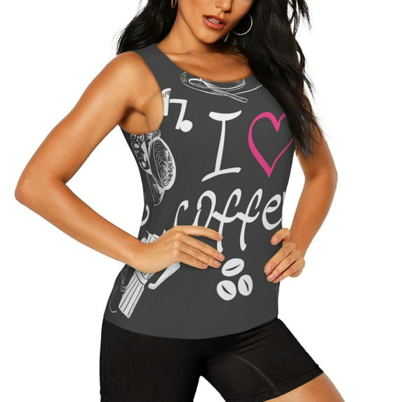 Picia I Love Coffee Pattern Women's Workout Tank Top,Breathable Activewear,Slim Fit Athletic Top,Versatile Workout Moisture-wicking top-Small