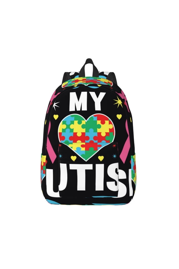 I Love My Autism Printed Canvas Daypack - Stylish and Durable Vintage Compact Backpack - Class, Work, Travel, or Laptop Bookbag,Organized Compartments-Medium