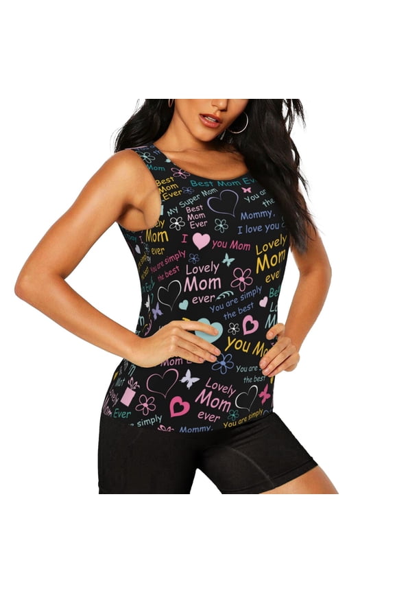 I love you Mom Pattern Women's Workout Tank Top,Breathable Activewear,Slim Fit Athletic Top,Versatile Workout Moisture-wicking top-Medium
