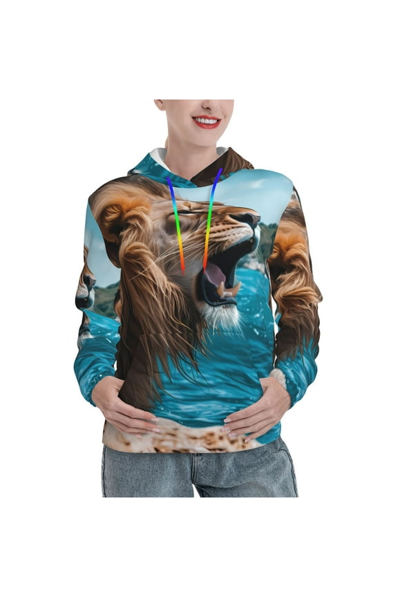 Ice Blue Coastal Lion Pattern Casual Women's Hoodie, Hooded Sweatshirt with Kangaroo Pocket, Comfortable Pullover with Eye-catching Drawstrings-Medium