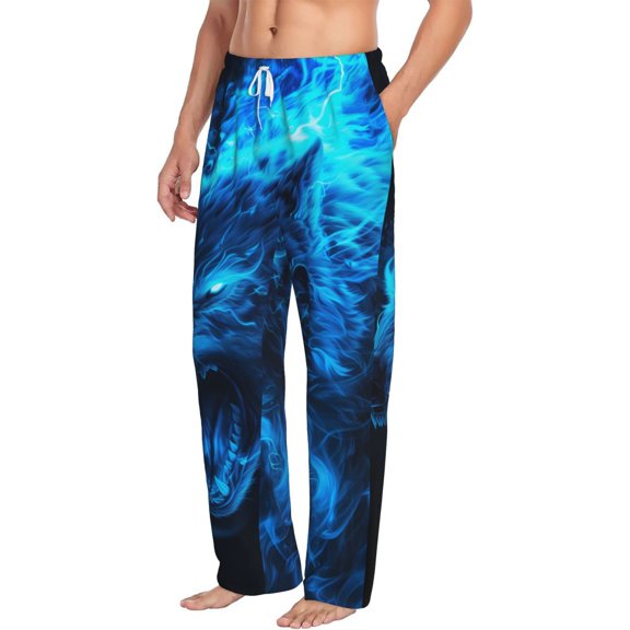 Picia Ice Blue Fire Wolf Mens Soft Woven Cotton Elastic Waistband Sleep Pajama Pant Lounge Sleep Pant With Pockets And Drawstring-Medium