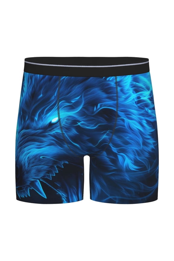 Ice Blue Fire Wolf Pattern Men's Athletic Long Leg Briefs , Performance Stretch Underwear，Moisture-Wicking