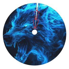 Picia Ice Blue Fire Wolf Print Christmas Tree Skirt , Christmas Tree Skirt Ornaments for Merry Christmas Holiday Party Decorations Indoor Outdoor-48"