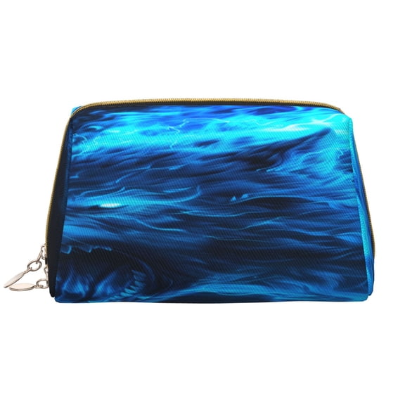 Picia Ice Blue Fire Wolf Print Leather Makeup Bag Make Up Bag Travel Toiletry Bag for Her Girlfriend Teacher Teen Girl Gifts