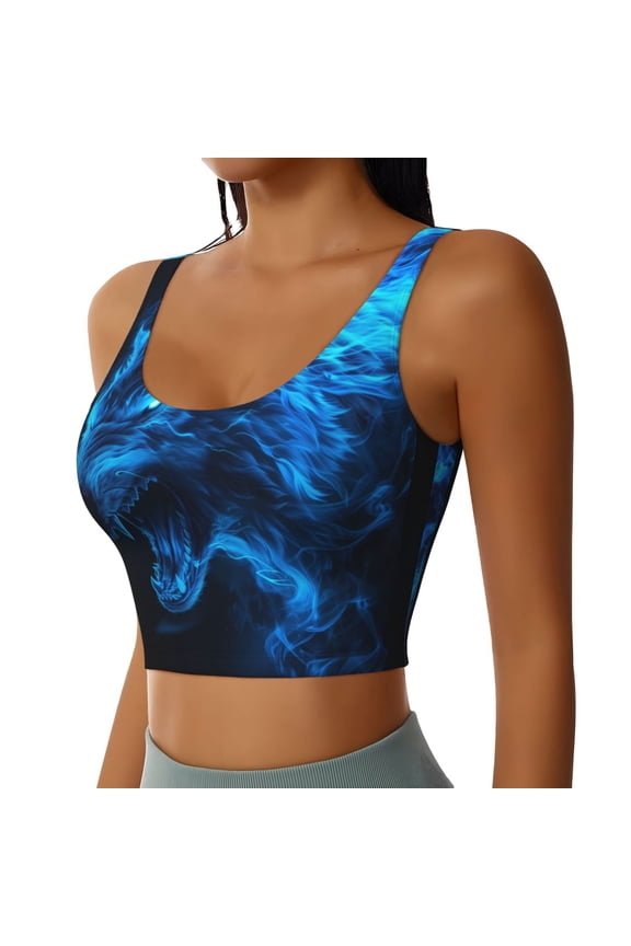 Ice Blue Fire Wolf Sports Bra for Women,Padded Strappy Sports Bras Medium Support Yoga Bra with Removable Cups,Running Yoga Bra-Large
