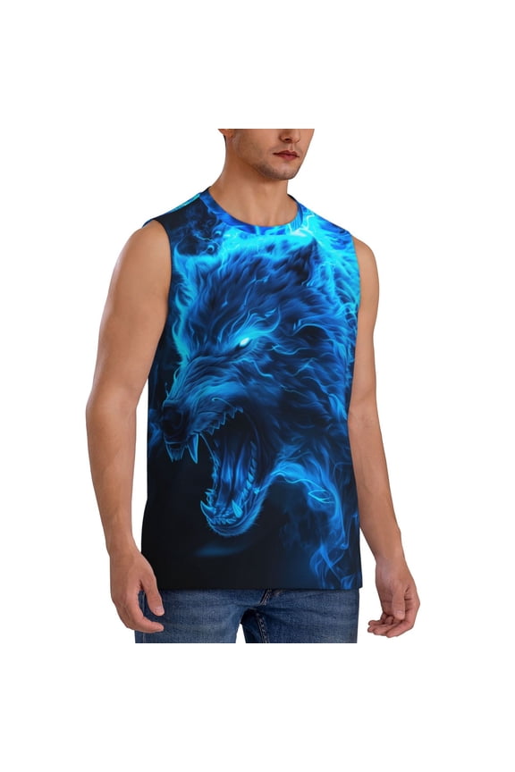 Ice Blue Fire Wolf mens Cotton Tank Undershirts , Moisture-wicking Ribbed Tanks, Lightweight Cotton Tank Undershirts-XX-Large