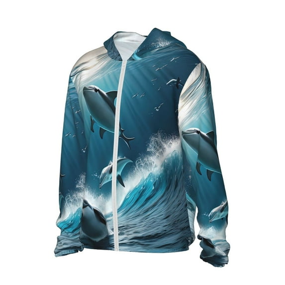Picia Ice Blue Ocean Cute Dolphin A Women's Men's UPF 50+ Sun Protection Hoodie Shirt Long Sleeve SPF Fishing Outdoor UV Hiking Lightweight Shirts-X-Large
