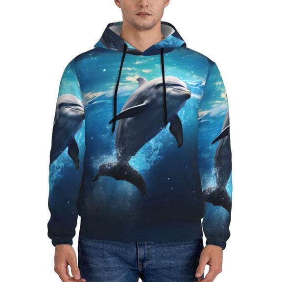 Picia Ice Blue Ocean Cute Dolphin Pattern Casual Men's Hoodie - Lightweight Hooded Sweatshirt with Kangaroo Pocket, Comfortable Pullover for Everyday, Travel-Large