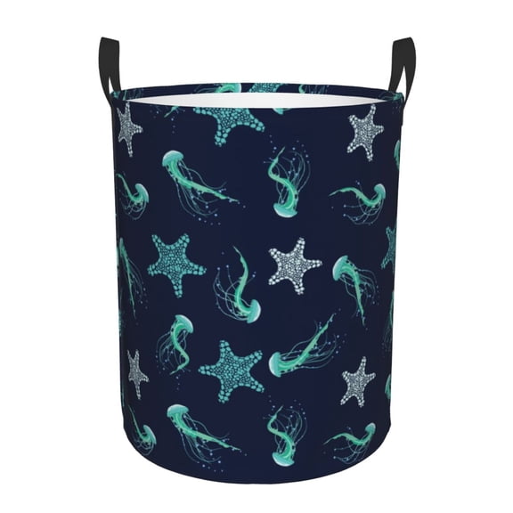 Picia Ice Blue Starfish and Jellyfish Pattern Large Laundry Basket, Waterproof, Freestanding Laundry Hamper, Collapsible Tall Clothes Hamper with Extended Handles-Medium