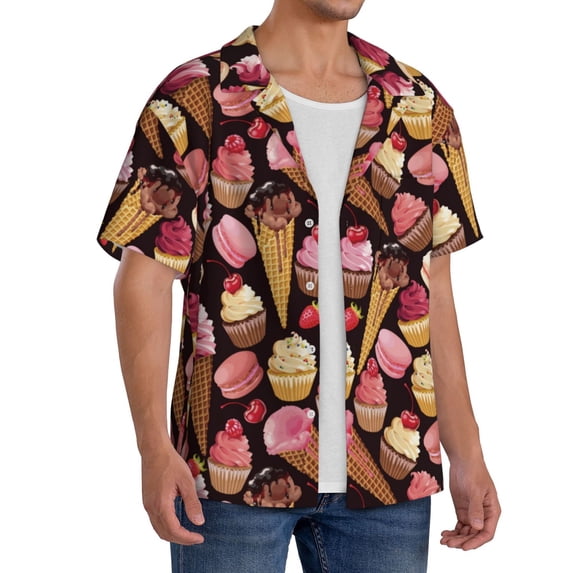 Picia Ice Cream Cake Men's Linen Shirts Short Sleeve Cuban Beach Shirts Casual Shirts Button Down Shirt for Men Beach Summer Wedding Shirt-Medium