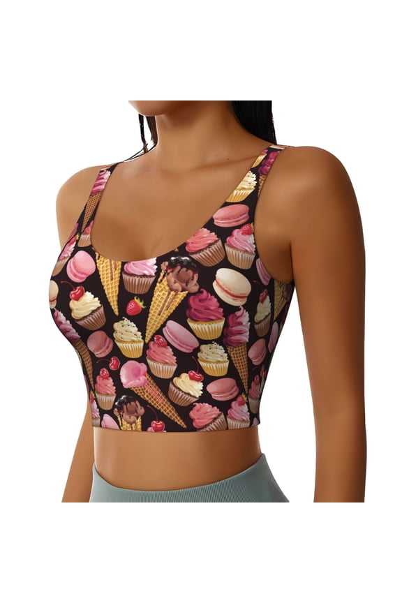 Ice Cream Cake Sports Bra for Women,Padded Strappy Sports Bras Medium Support Yoga Bra with Removable Cups,Running Yoga Bra-X-Large