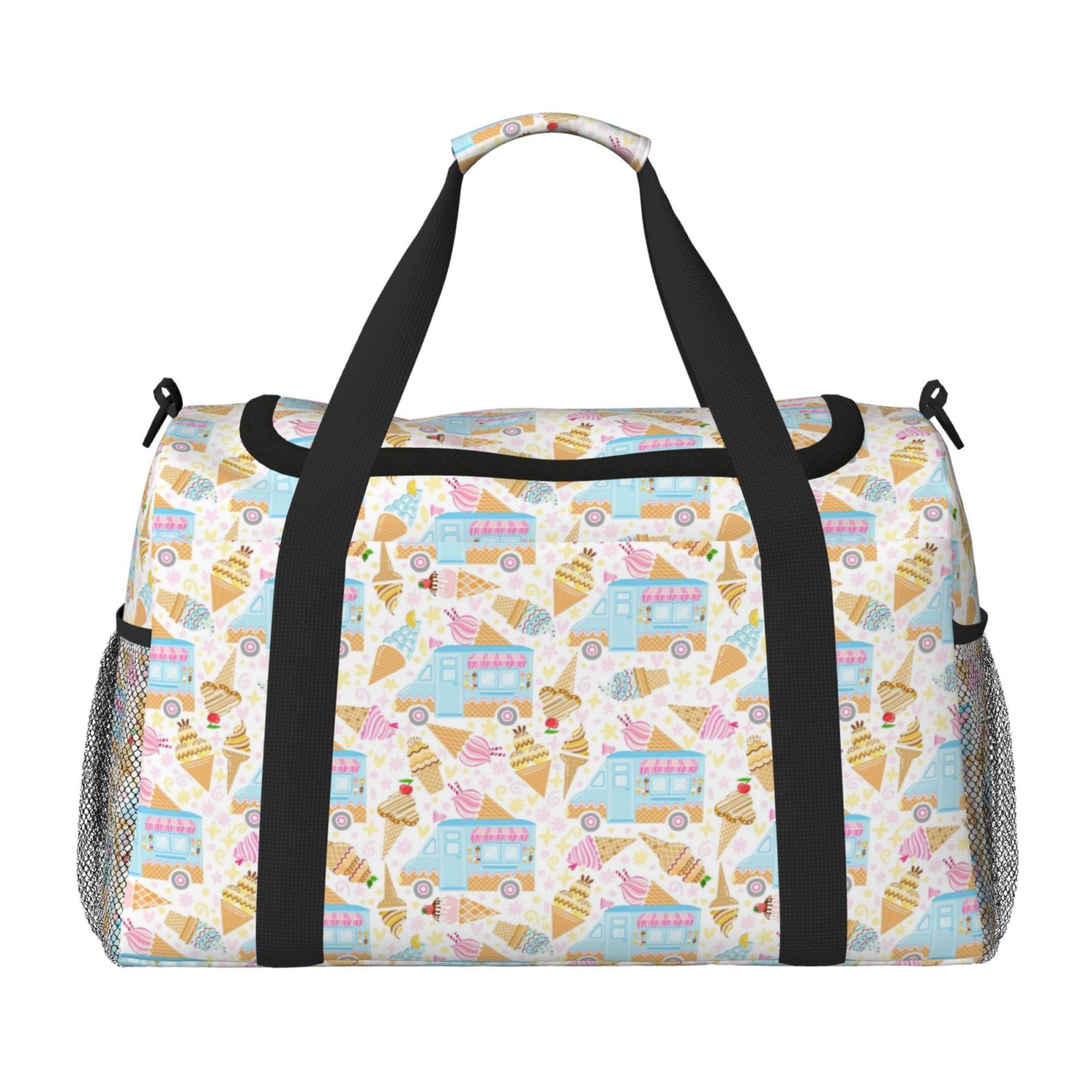 Picia Icecream Truck Print Travel Duffle Bag,Weekender Bags for Women with Shoe Compartment, Gym Duffel Bag with Wet Pocket, Hospital Bags for Labor and Delivery