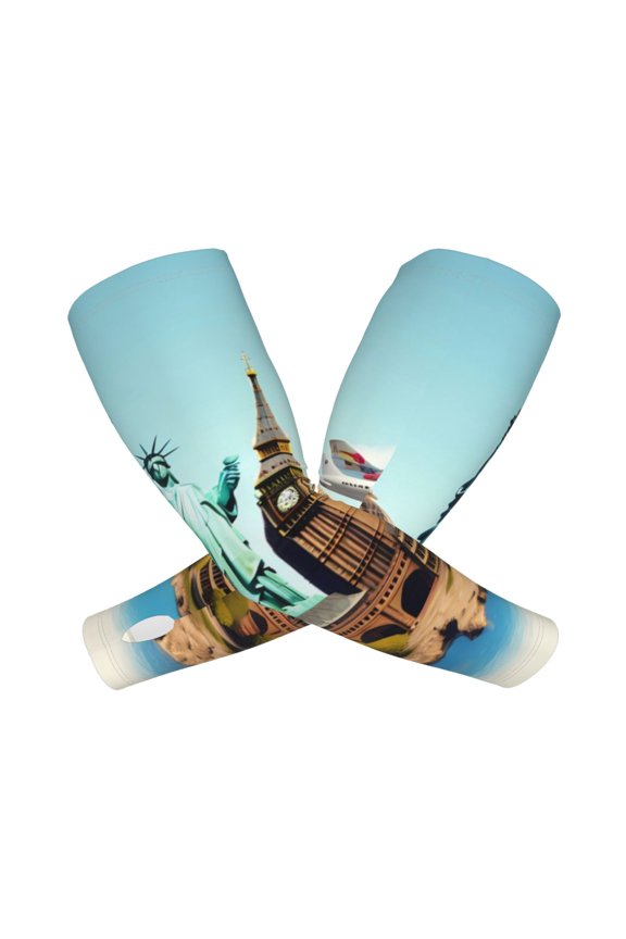 Iconic Global Landmarks Arm Sleeves for Men and Women - Tattoo Cover Up UPF 50+ Cooling Sports Sleeve for Basketball Golf Football-One Size