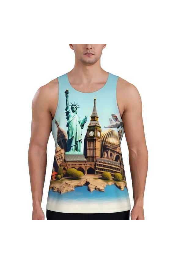 Iconic Global Landmarks Printed Men’s Performance Tank, Men's Workout Tank Top Moisture-Wicking Tank Top Muscle tee, Breathable Workout Shirt-XX-Large