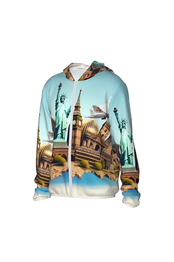 Iconic Global Landmarks Women's Men's UPF 50+ Sun Protection Hoodie Shirt Long Sleeve SPF Fishing Outdoor UV Hiking Lightweight Shirts-X-Large