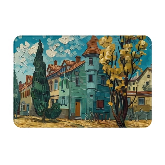 Picia Impressionist Village Sky Pattern Flannel Doormat – 16x24 Inch Non-Slip Indoor Mat, Absorbent & Quick-Dry Rug for Entryway, Bathroom, Kitchen, and Bedroom, Machine Washable