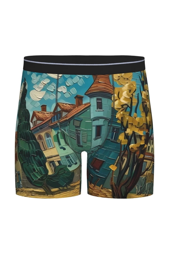 Impressionist Village Sky Pattern Men's Athletic Long Leg Briefs , Performance Stretch Underwear,Moisture-Wicking