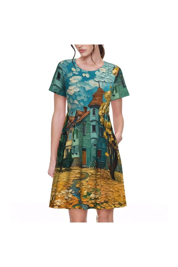 Impressionist Village Sky Pattern Women's Short Sleeve Summer Dress Pleated Loose Swing Knee Length Short Sleeve Swing Dresses