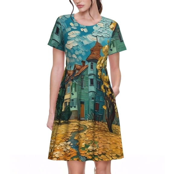Picia Impressionist Village Sky Pattern Women's Short Sleeve Summer Dress Pleated Loose Swing Knee Length Short Sleeve Swing Dresses