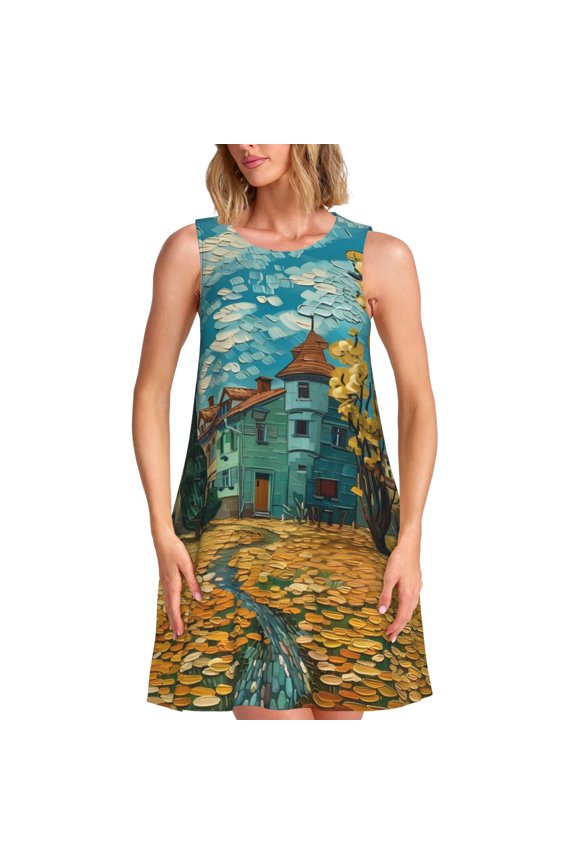 Impressionist Village Sky Print Women’s Sleeveless Midi Swing Dress – A-Line Pleated Tank Sundress, Comfortable and Flowy T-Shirt Dress