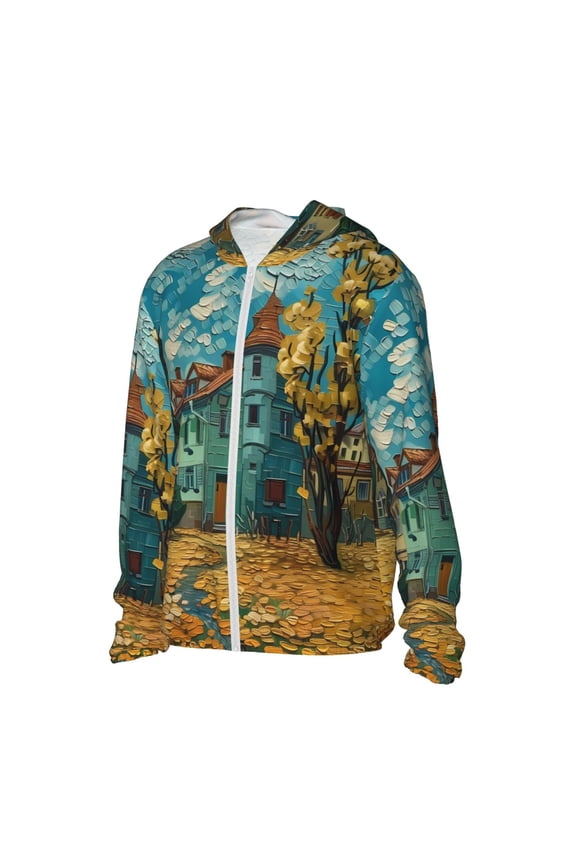 Impressionist Village Sky Women's Men's UPF 50+ Sun Protection Hoodie Shirt Long Sleeve SPF Fishing Outdoor UV Hiking Lightweight Shirts-Small