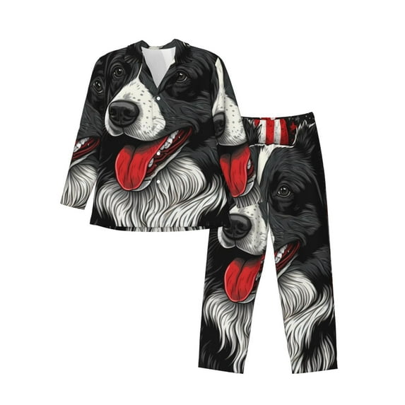 Picia Independence Day Collie Pattern Men’s Long-Sleeve Sleepwear Set - Soft 2-Piece Loungewear with Pockets, Comfy PJs for Relaxing Nights-XX-Large